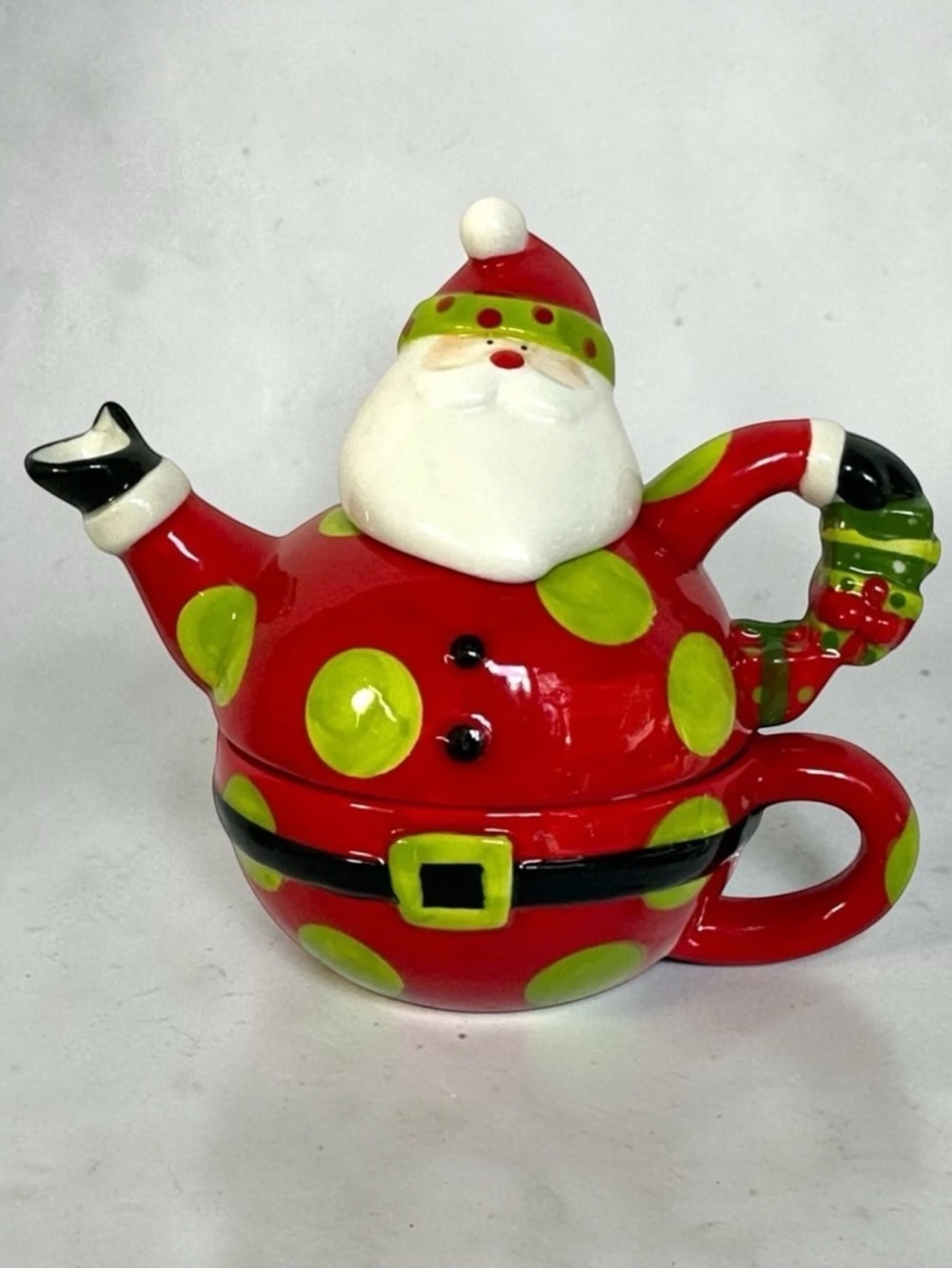 Vintage Santa Teapot Tea For One Holiday Red Green Polka Dot Crackle Barrel